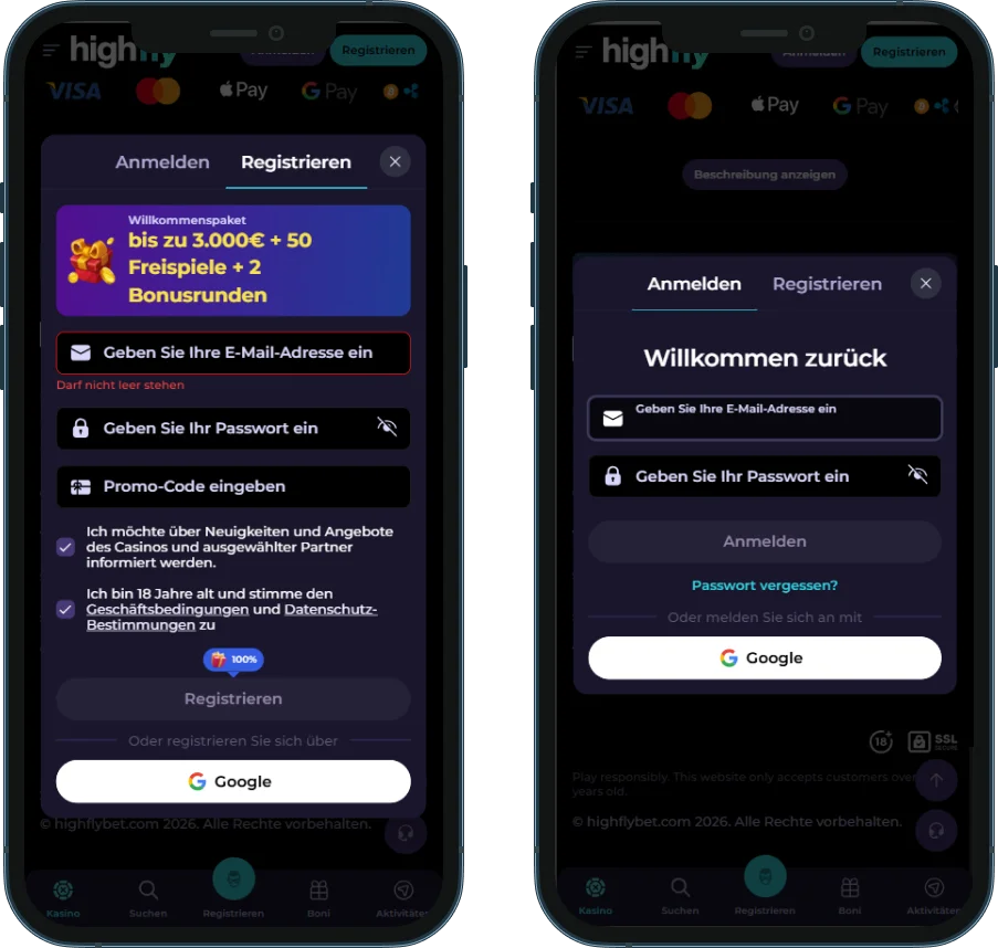 HighFlyBet Casino Kontoeröffnung und Verifizierung