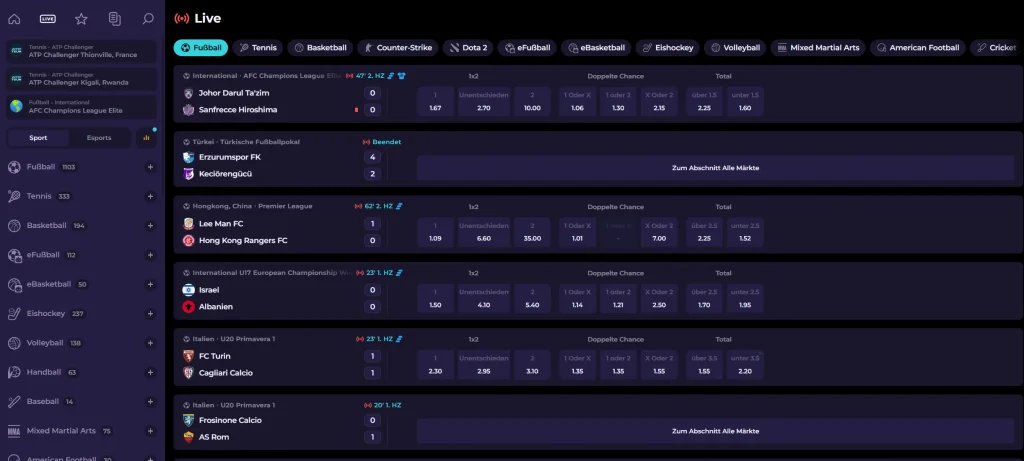 HighFlyBet Casino Live Sportwetten mit Fußball und weiteren Sportarten