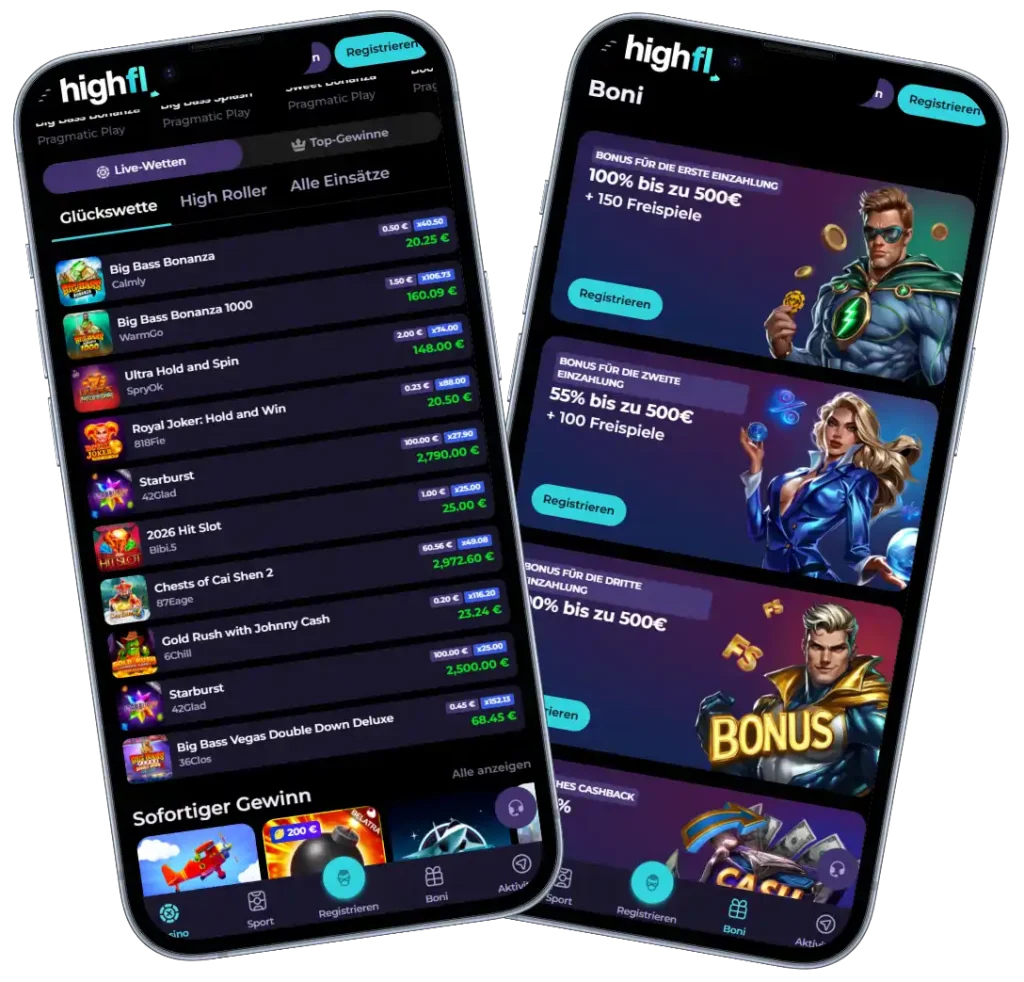 HighFlyBet Casino mobile Oberfläche mit Spielen und Bonusangeboten auf dem Smartphone