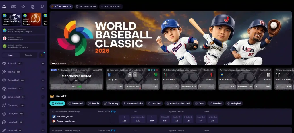 HighFlyBet Casino Sportwetten Startseite mit verschiedenen Sportarten und Events